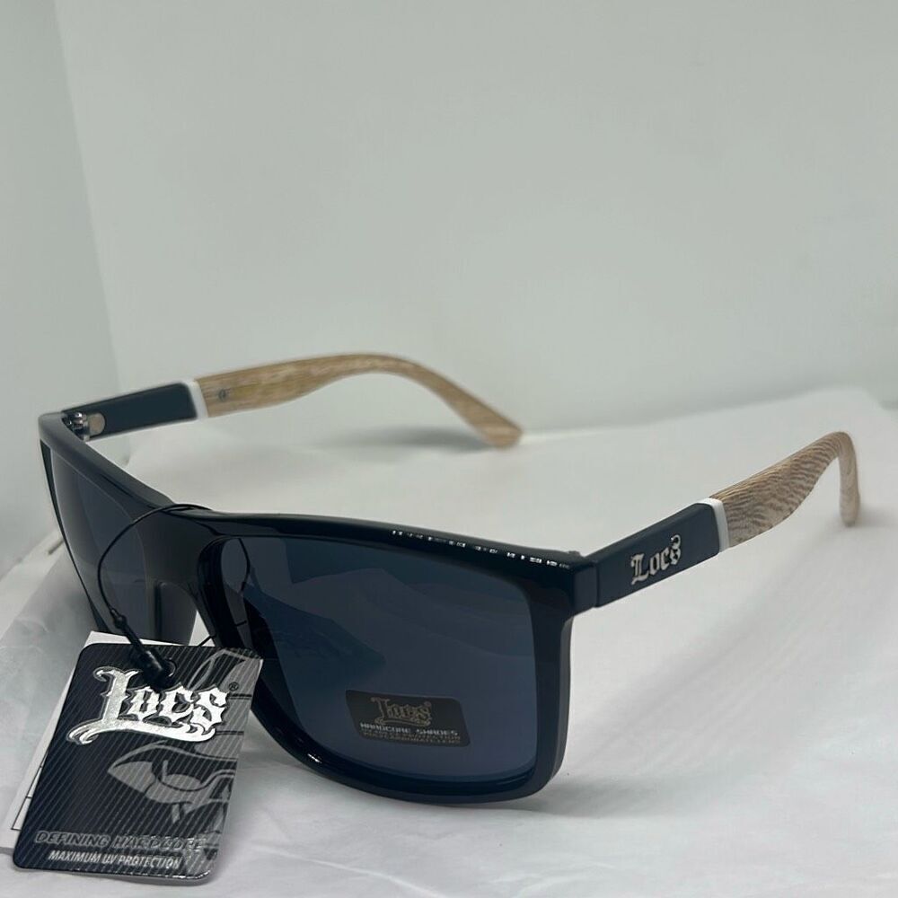 Locs 91155 Hardcore Shades – Rectangular Biker Sunglasses with Woodgrain Print A